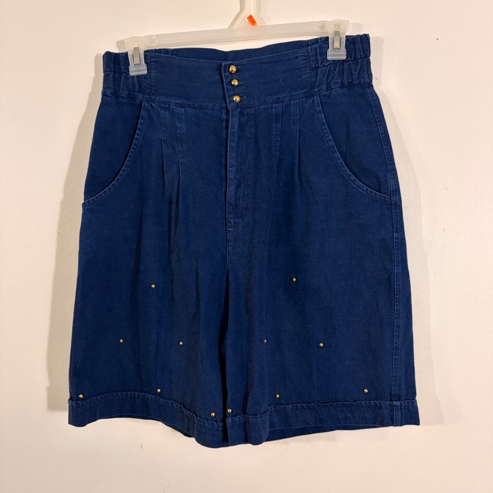 Cache Denim Shorts Womens Large Blue Gold Studded High Waisted Vintage Vibe
